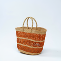 Handwoven terracotta stripe open-weave basket tote, front view