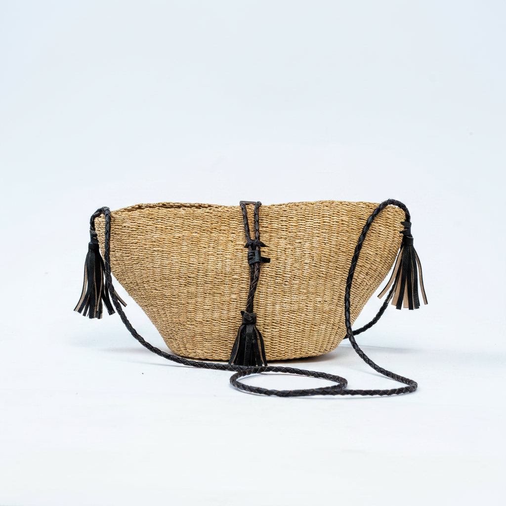 Handwoven straw crescent bag, angled product view