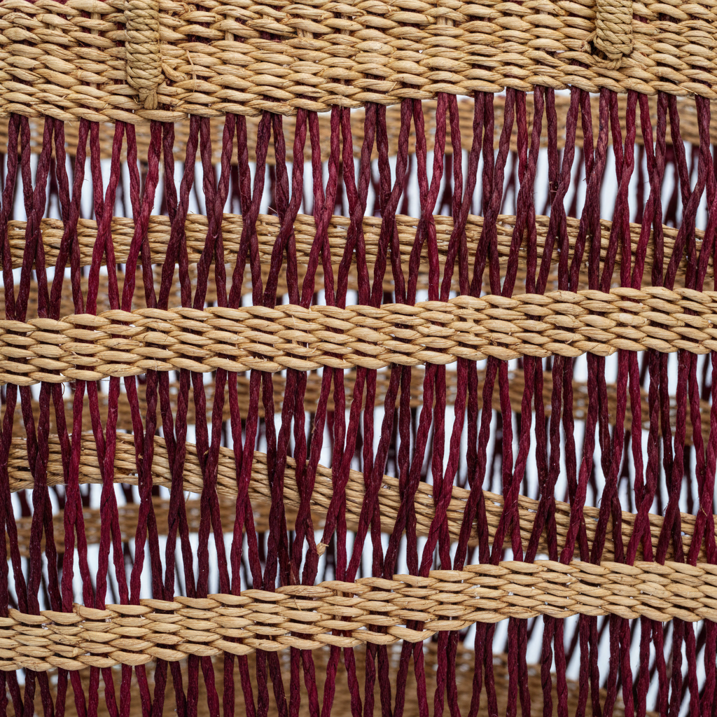 Close-up of open lattice weave and burgundy stripe detail