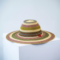 Handwoven Bolga fedora sun hat with olive and burgundy stripe, angled product view