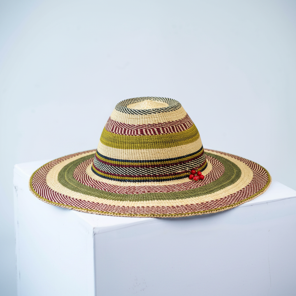 Handwoven Bolga fedora sun hat with olive and burgundy stripe, angled product view