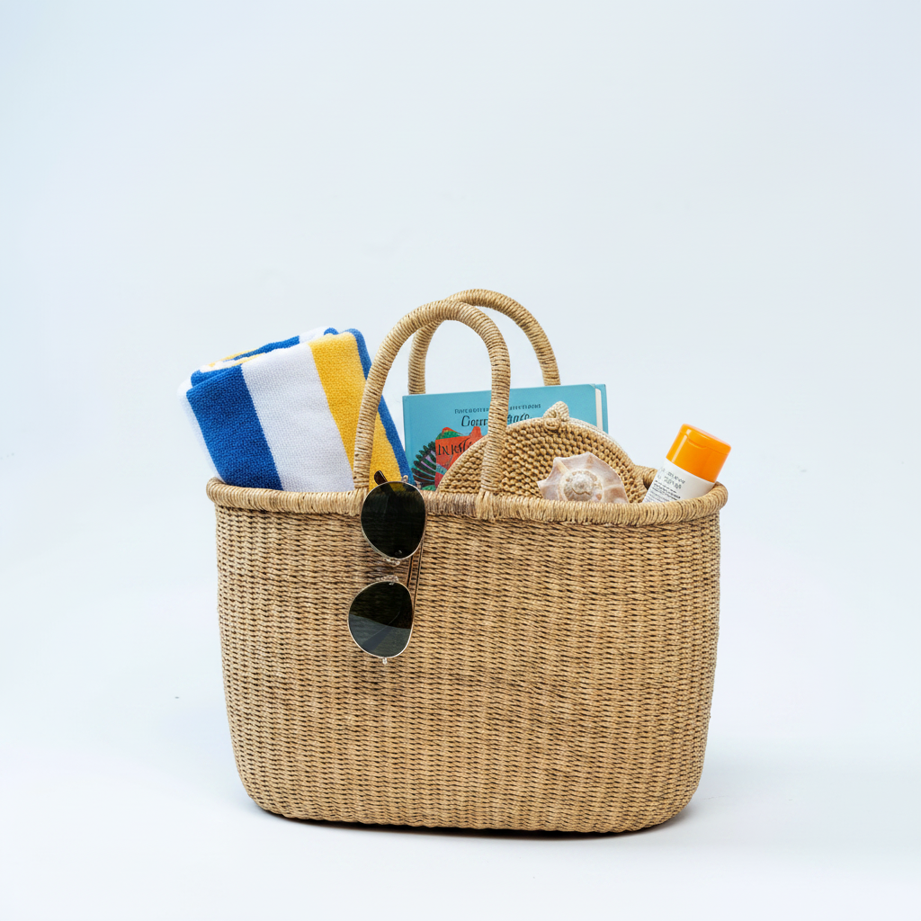Handwoven natural straw basket tote, front view