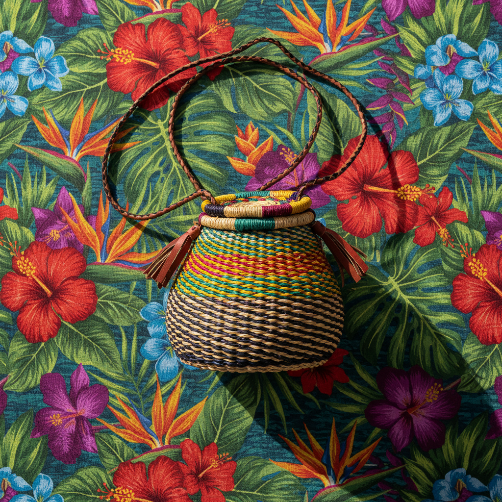 Rainbow pot basket bag with tropical flowers, lifestyle flat lay