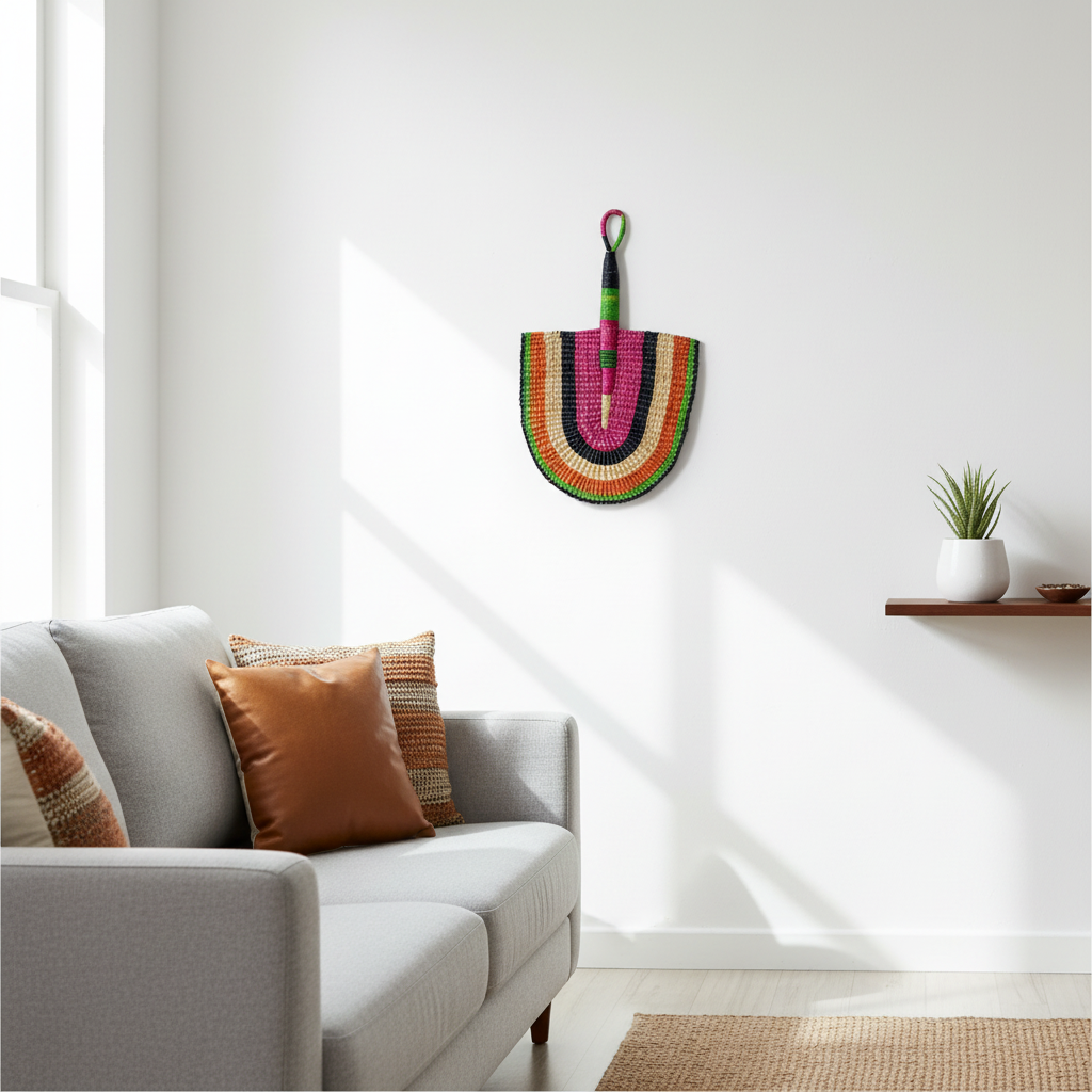 Handwoven Bolga rainbow fan hung on white wall as decorative art