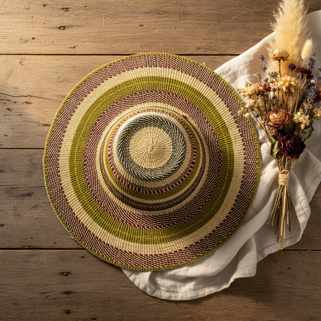 Bolga fedora sun hat with dried flowers, lifestyle flat lay