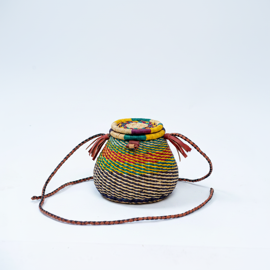 Handwoven rainbow pot basket bag, lid closed product view