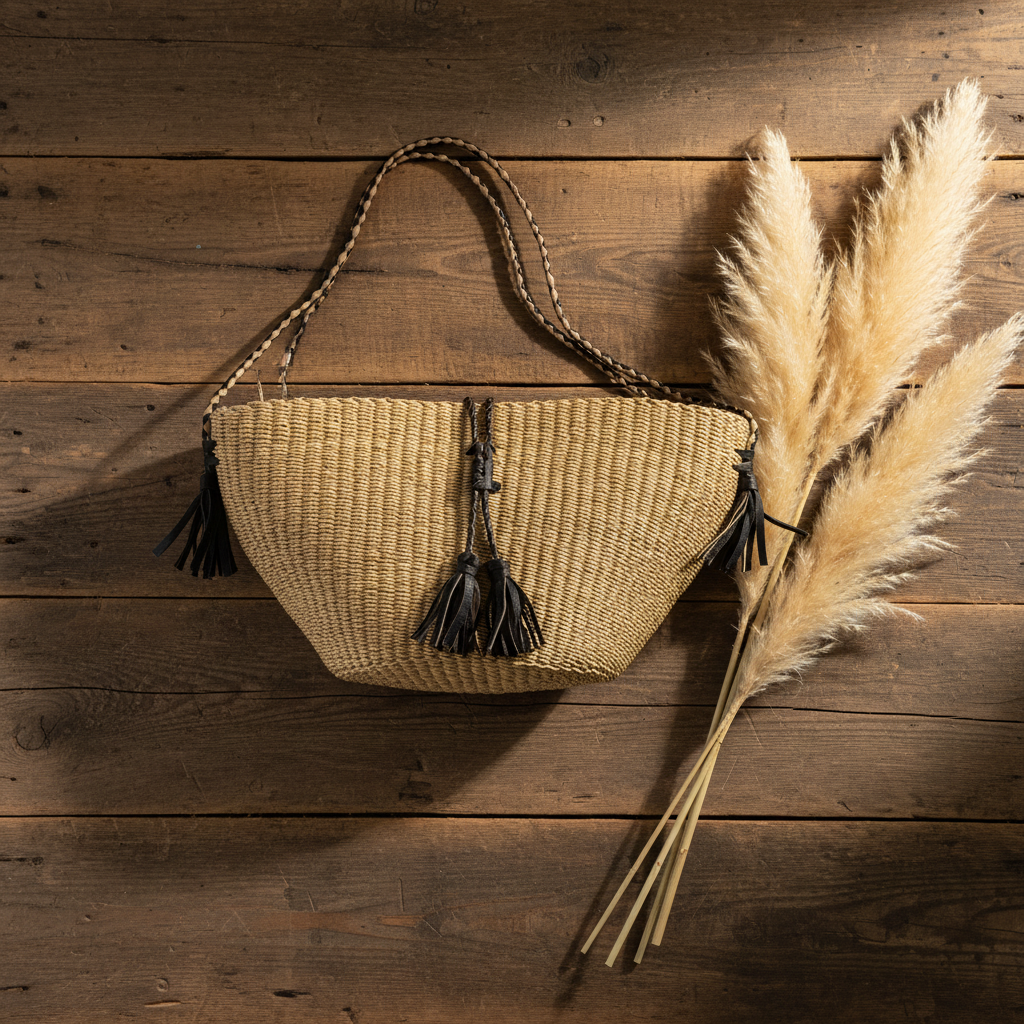 Straw crescent bag with pampas grass, lifestyle flat lay