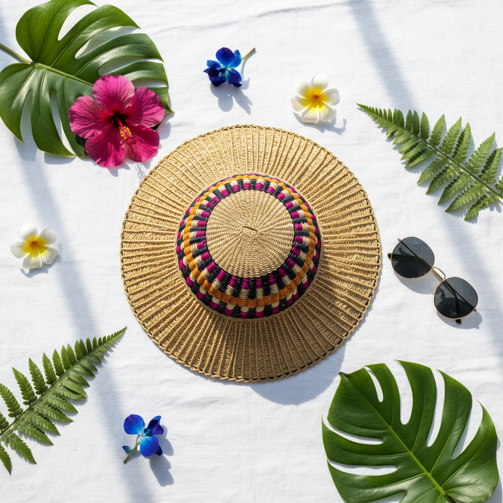 Bolga sun hat with magenta band, tropical flowers and sunglasses, lifestyle flat lay