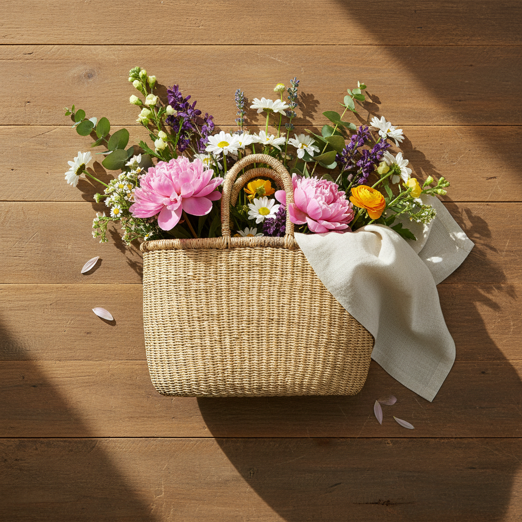 Natural straw basket tote with flowers, lifestyle flat lay