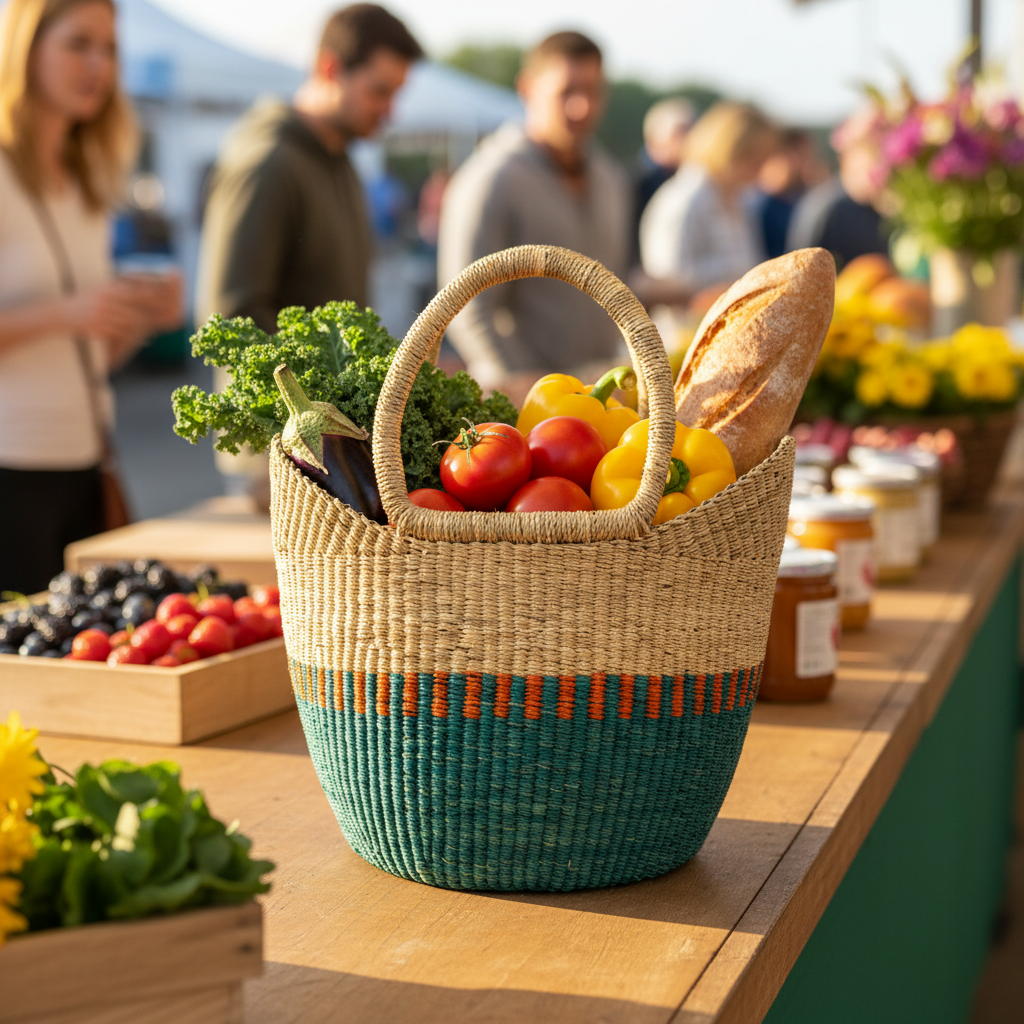 Teal and natural straw market basket filled with vegetables, farmers market lifestyle