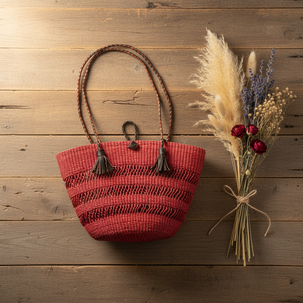 Crimson red bucket bag with dried flowers, lifestyle flat lay