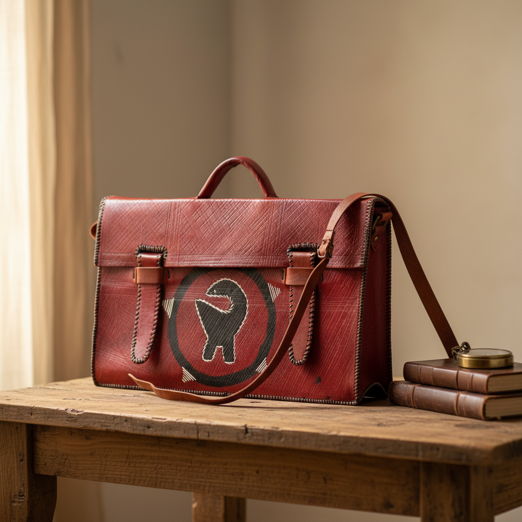 Handmade red leather satchel bag, front view