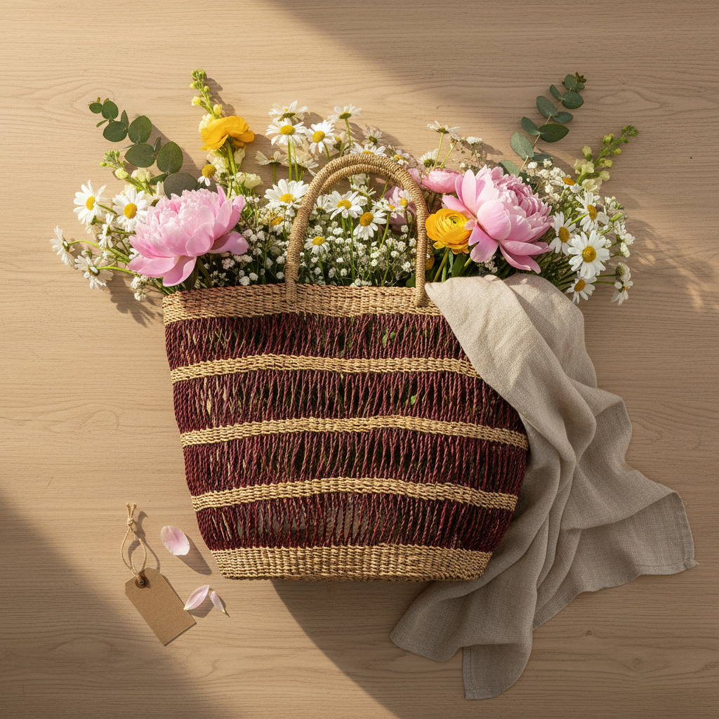 Burgundy stripe basket tote with flowers, lifestyle flat lay