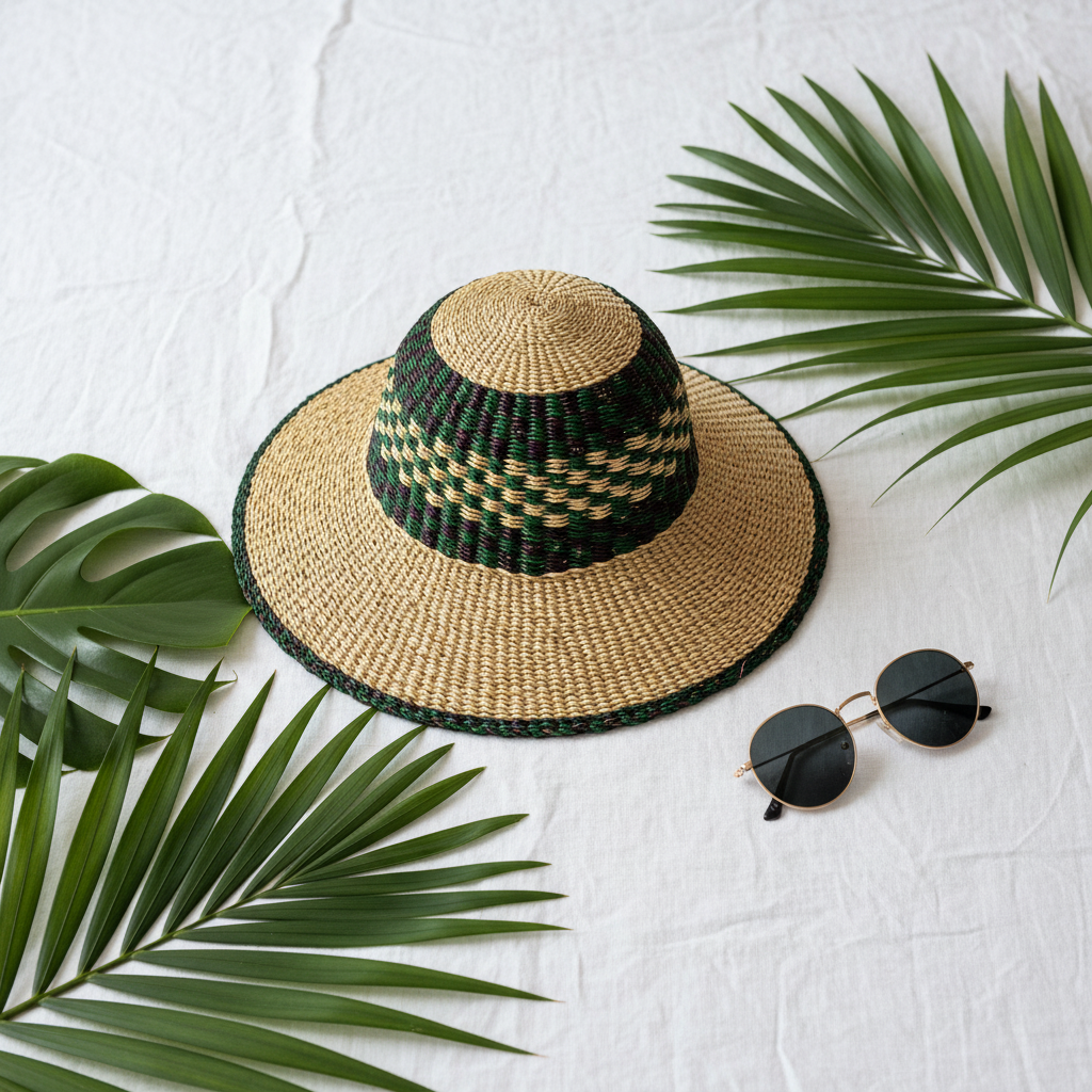 Bolga sun hat with sunglasses and tropical leaves, lifestyle flat lay