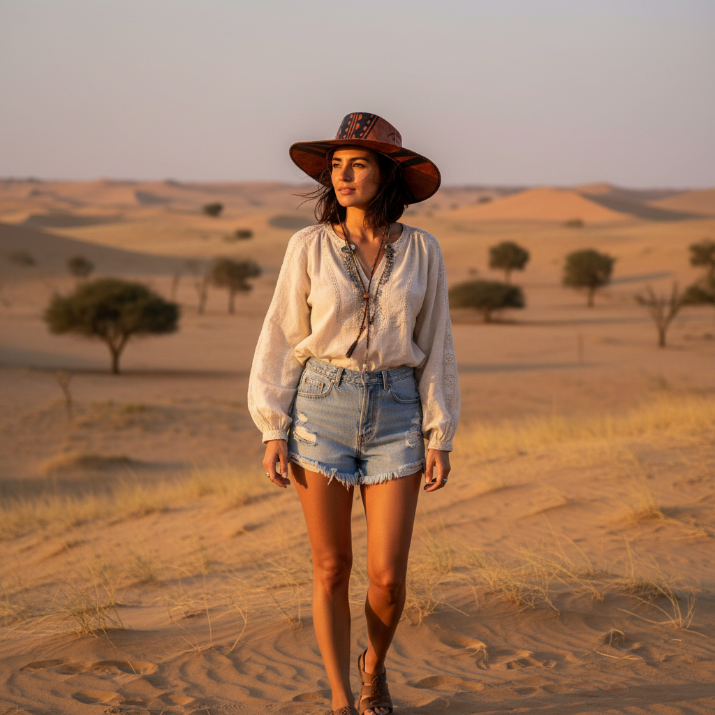 Person wearing wide-brim leather tribal hat outdoors, lifestyle shot
