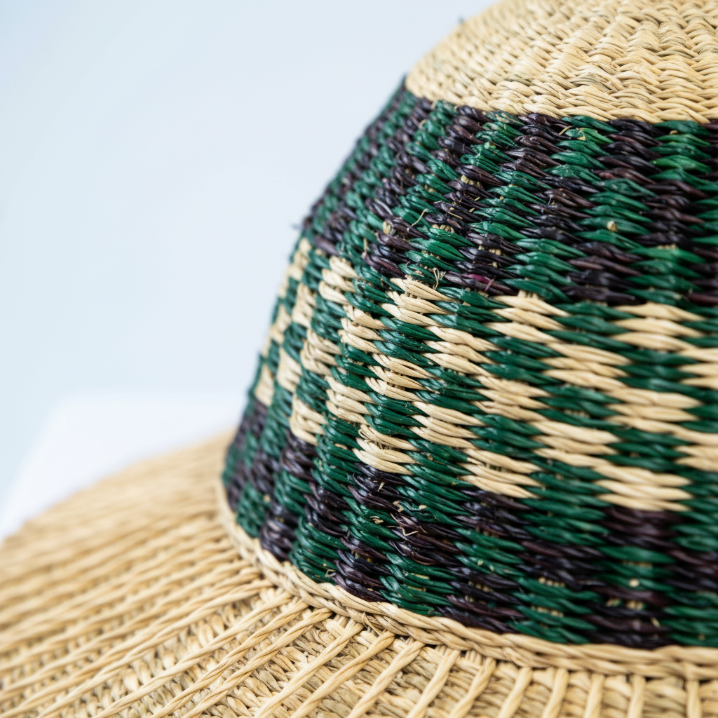 Close-up of dark green diamond weave pattern on Bolga hat band