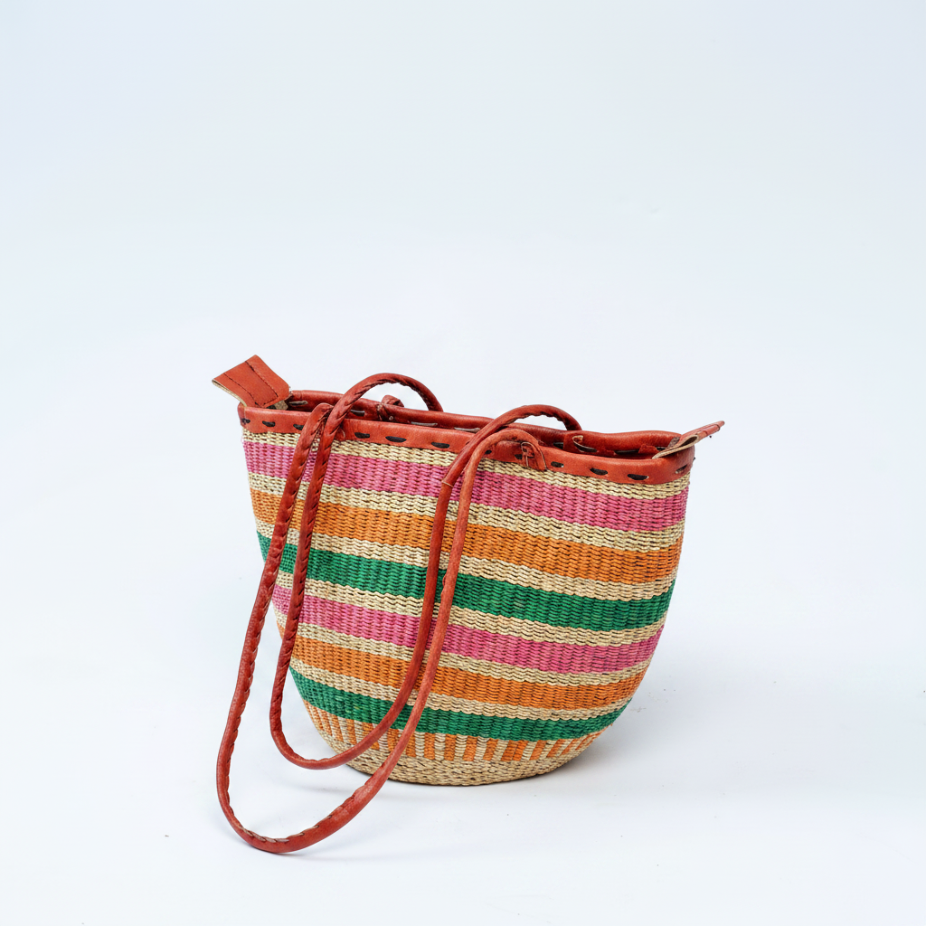 Handwoven multicolour stripe basket tote, angled product view