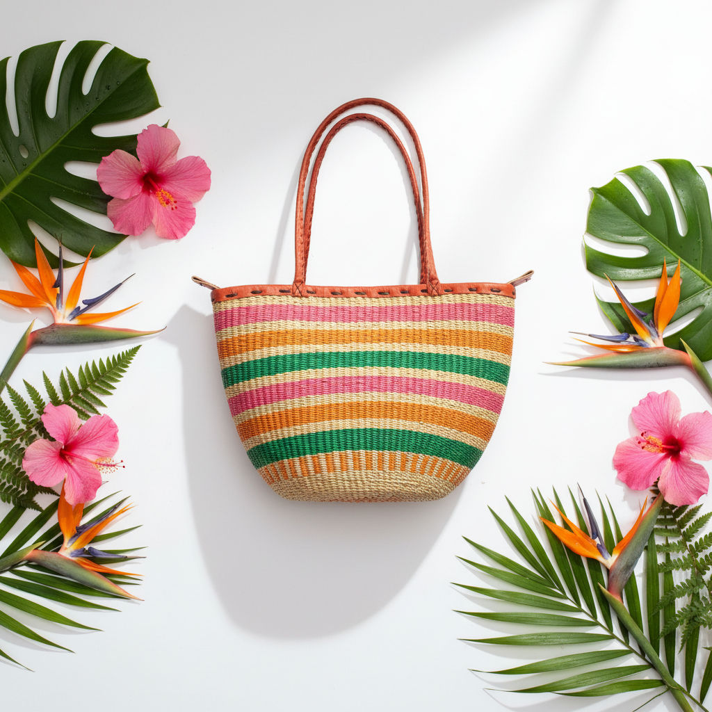 Multicolour stripe basket tote with tropical flowers, lifestyle flat lay