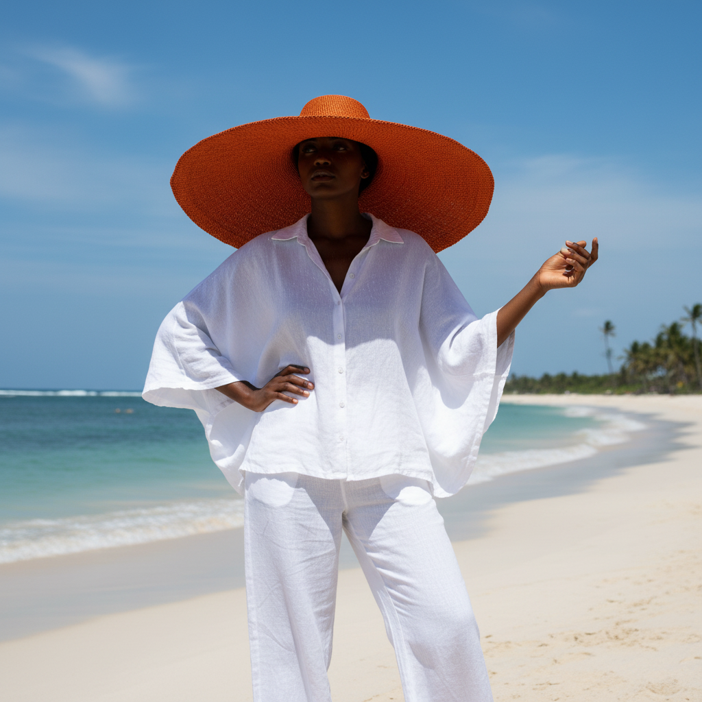 Person wearing oversized terracotta orange Bolga sun hat on beach, lifestyle shot
