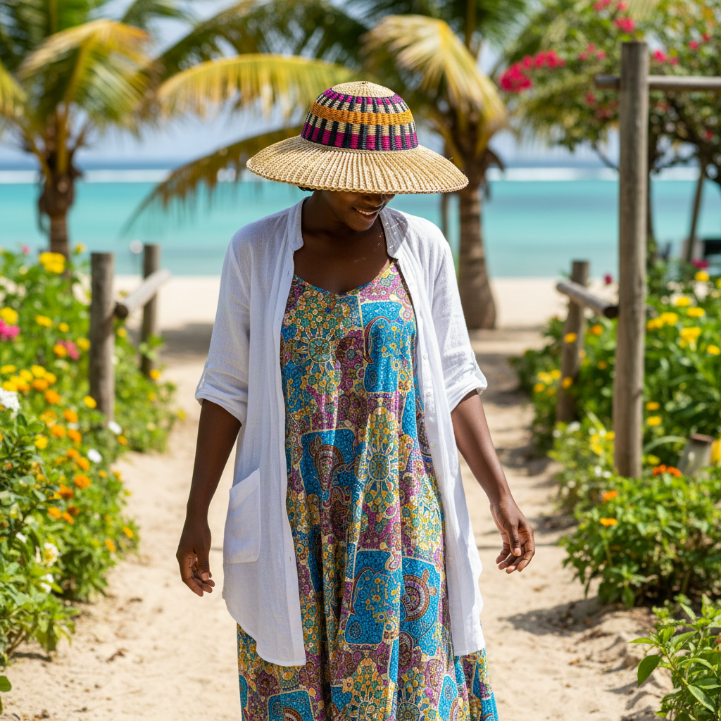 Person wearing wide-brim Bolga sun hat with magenta band outdoors, lifestyle shot