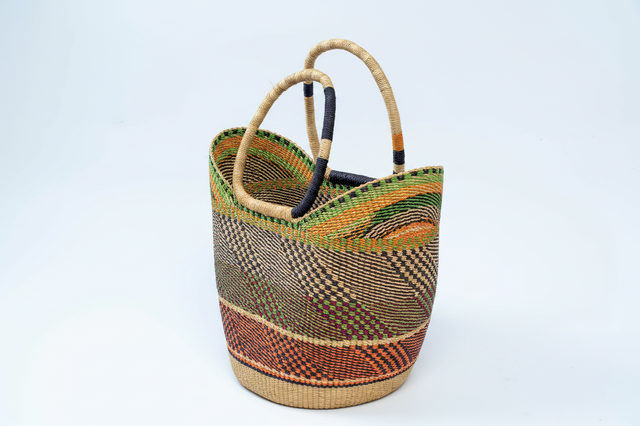 Handwoven African basket tote bag AI generated side angle