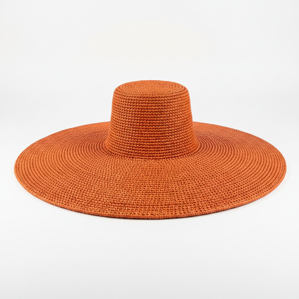 Handwoven oversized orange Bolga sun hat, brim-up product view