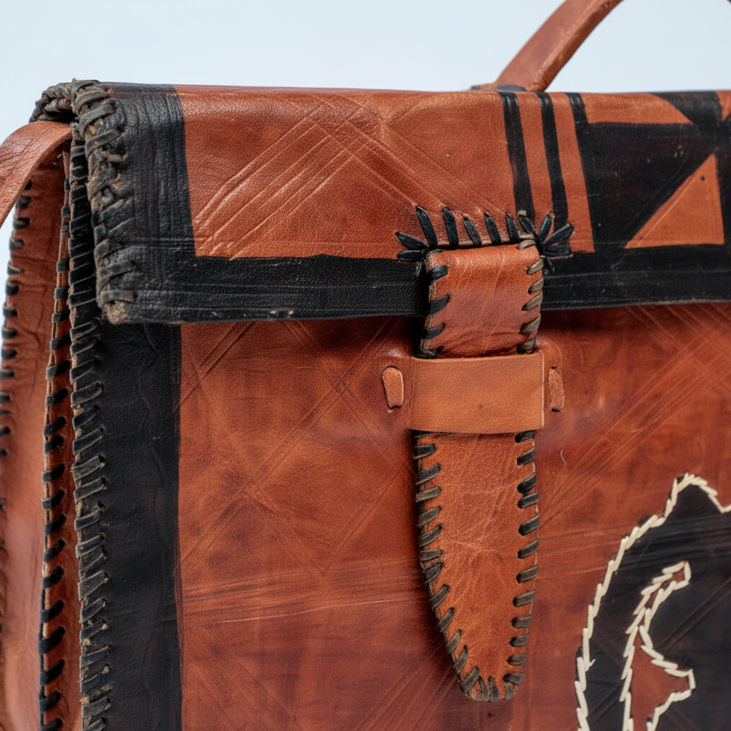 Geometric triangle pattern detail on leather satchel flap