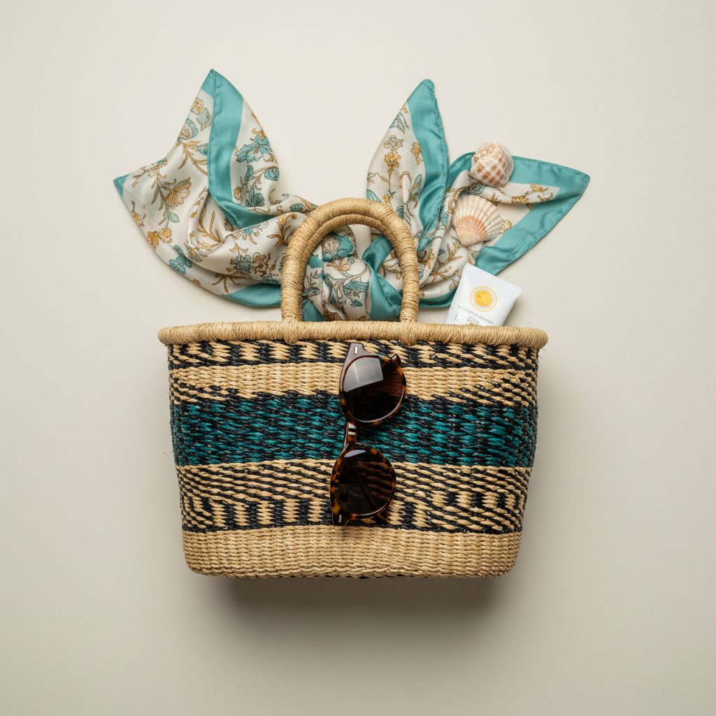 Basket tote lifestyle flat lay with summer accessories