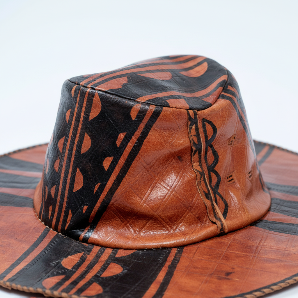 Close-up of hand-painted tribal geometric pattern on leather hat crown
