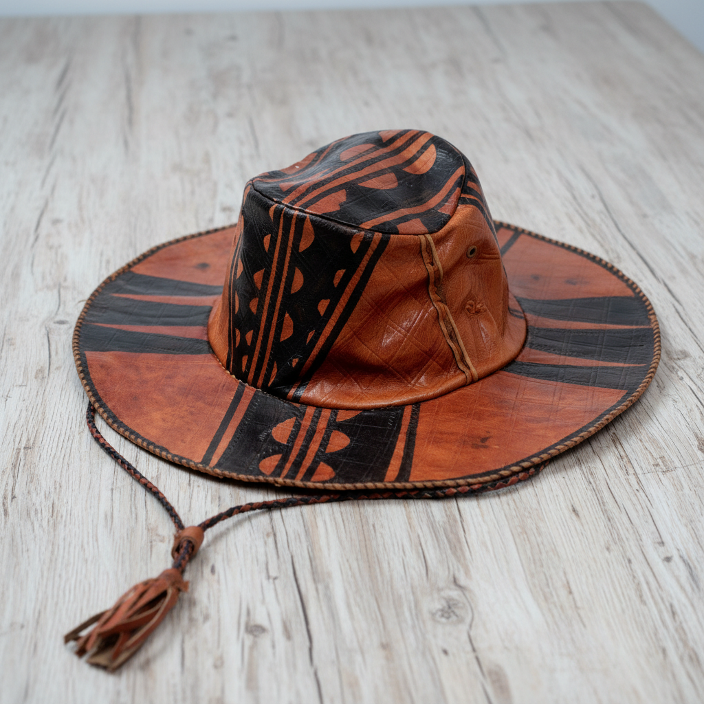 Handmade wide-brim leather hat with tribal pattern, front product view