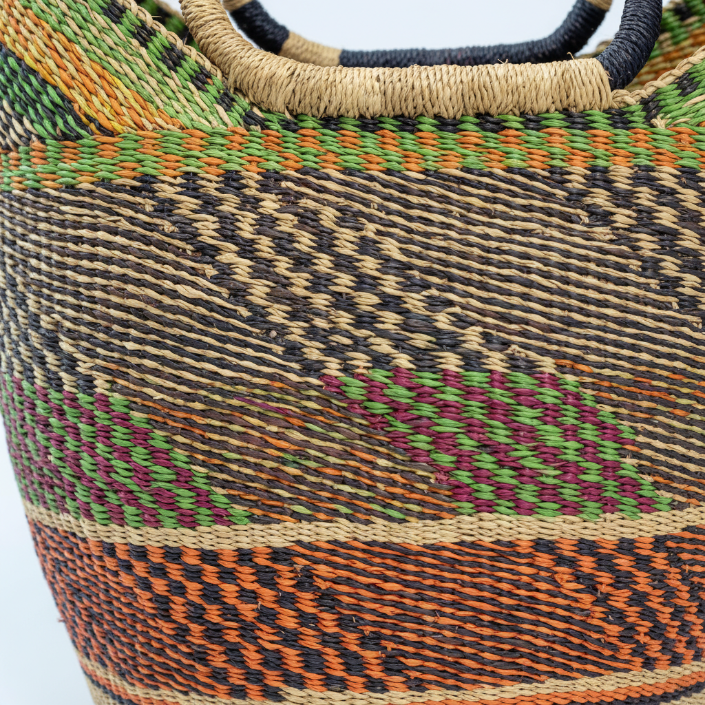 Close-up weave detail of handwoven African basket bag