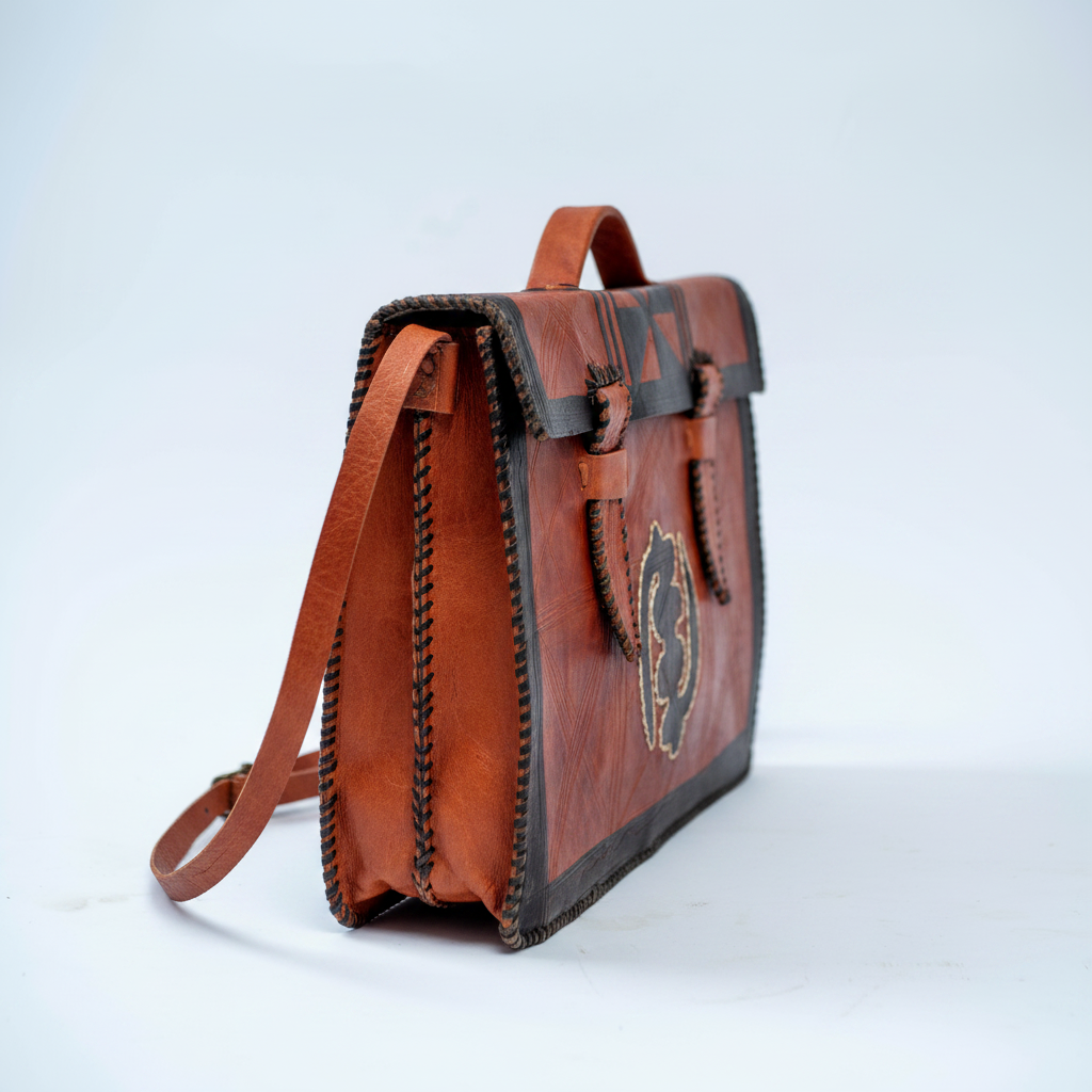 Handmade tan leather satchel, side view