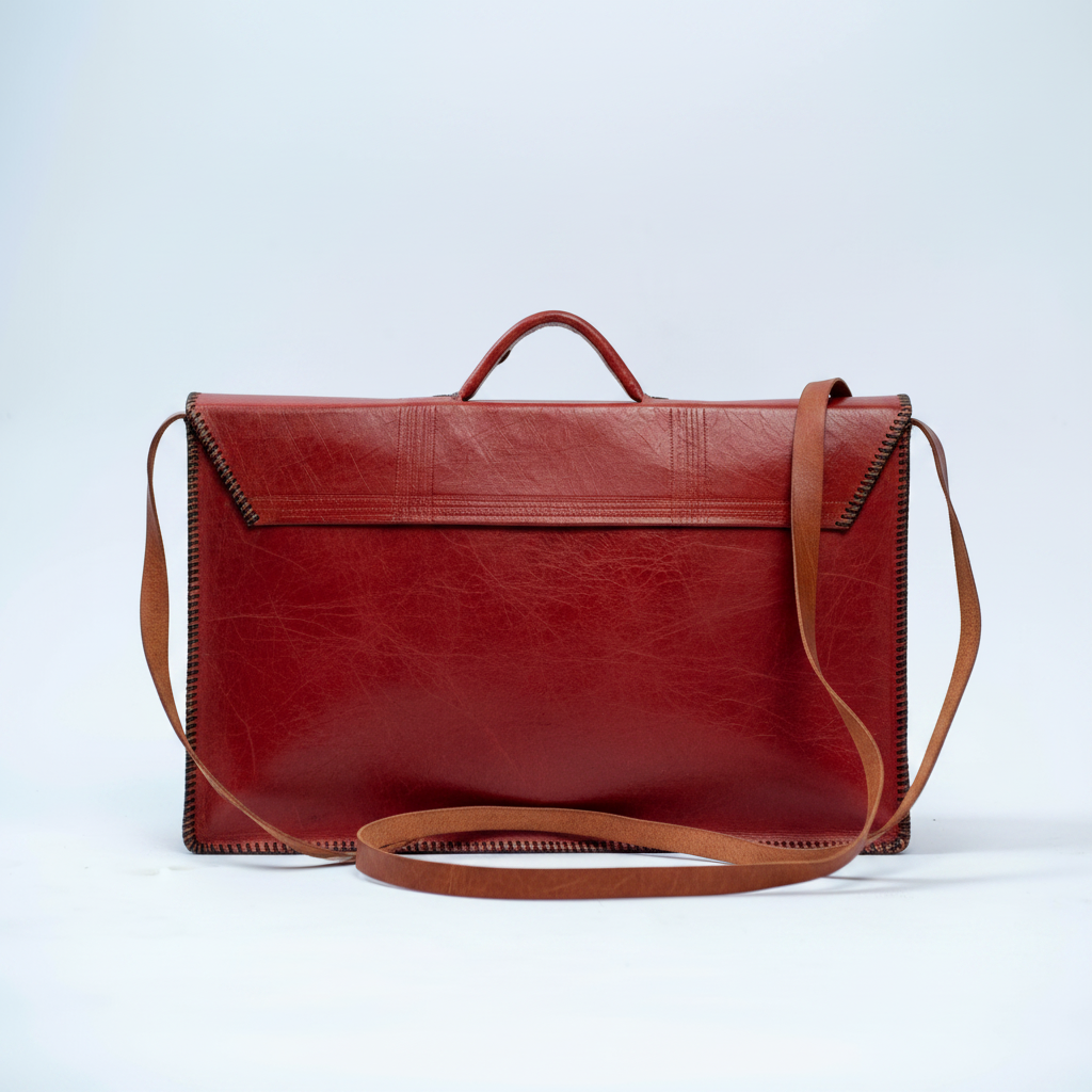 Handmade red leather satchel bag, back view