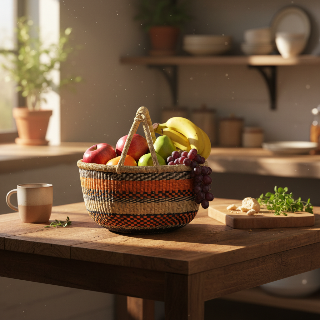 Round orange stripe basket used as fruit bowl, home lifestyle
