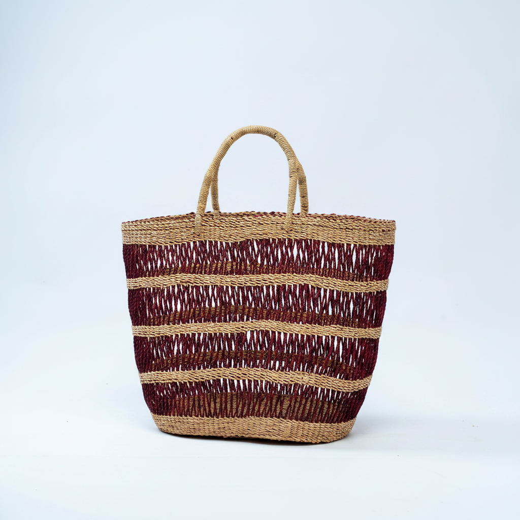 Handwoven open-weave burgundy stripe basket tote, front view