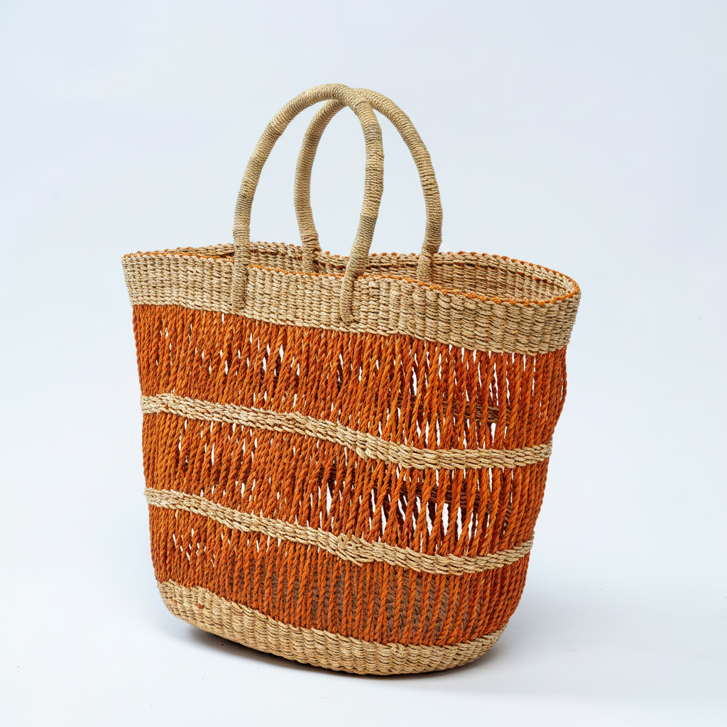 Handwoven terracotta stripe open-weave basket tote, angled view