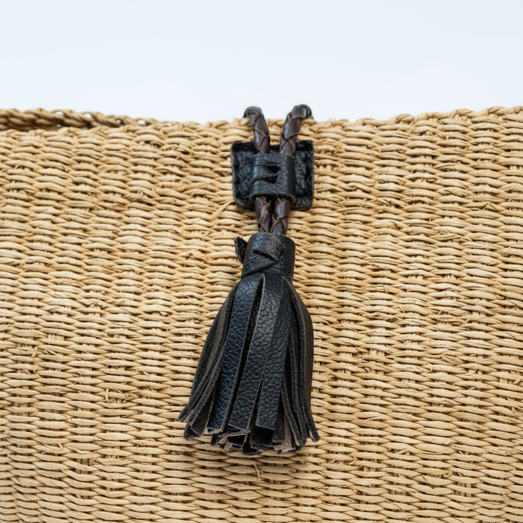 Close-up of black leather tassel toggle and braided strap detail