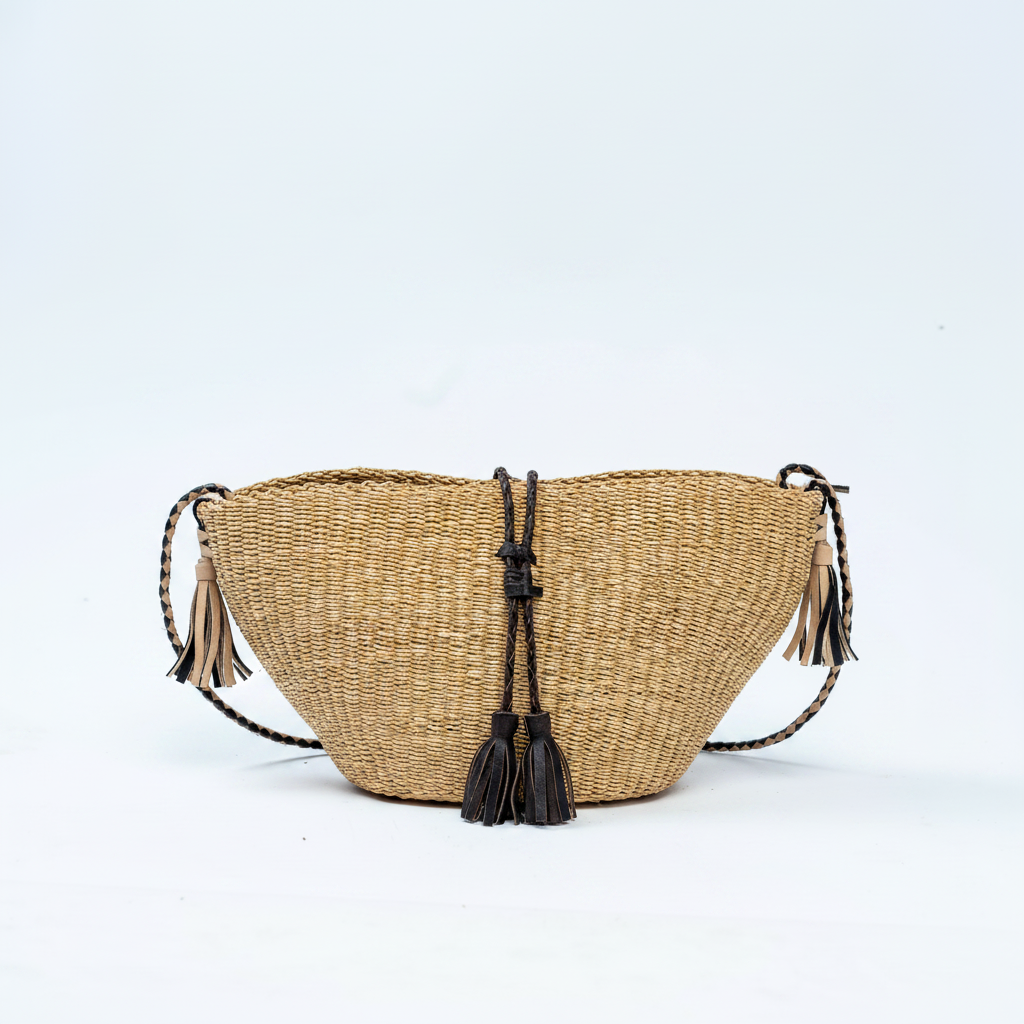 Handwoven straw crescent bag, front view